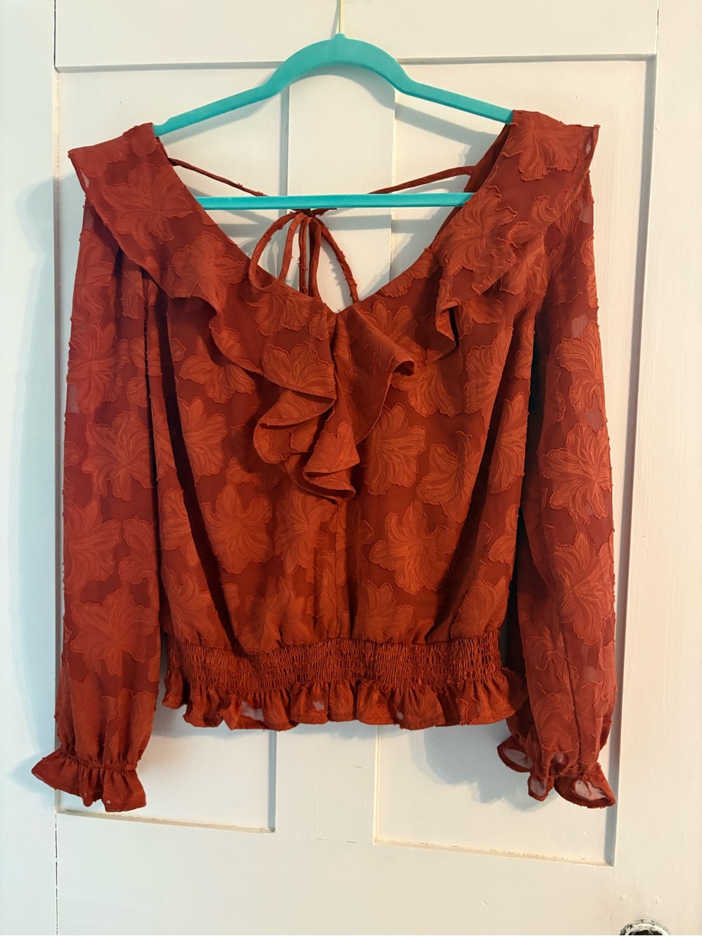 Anthropologie Rust Floral Ruffle V-Neck Blouse